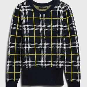 Banana Republic Aire Puff-Sleeve Sweater in Navy & Chartreuse Plaid | Petite XXS